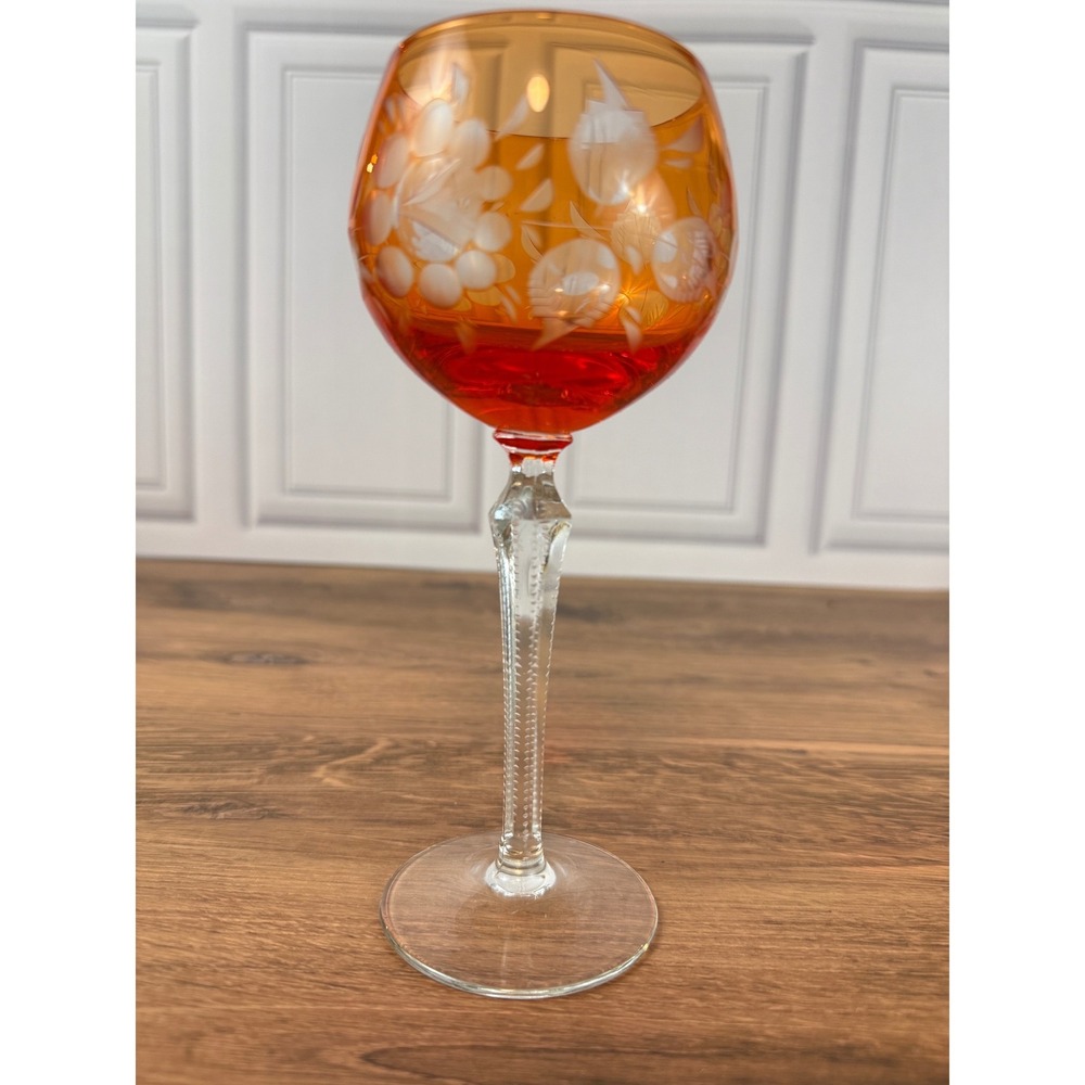 Vintage Lausitzer Amber Roemer 7" Wine Glass‎ Cut Stem Clear Base EUC